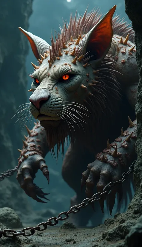 a huge creature in spiky biological armour pierced with rusty chains, born of translucent rotting flesh, lions muzzle, large deep red-orange eyes, silky fur, wide webbed ears, in a dark cave, gloomy sky, at night, chained up