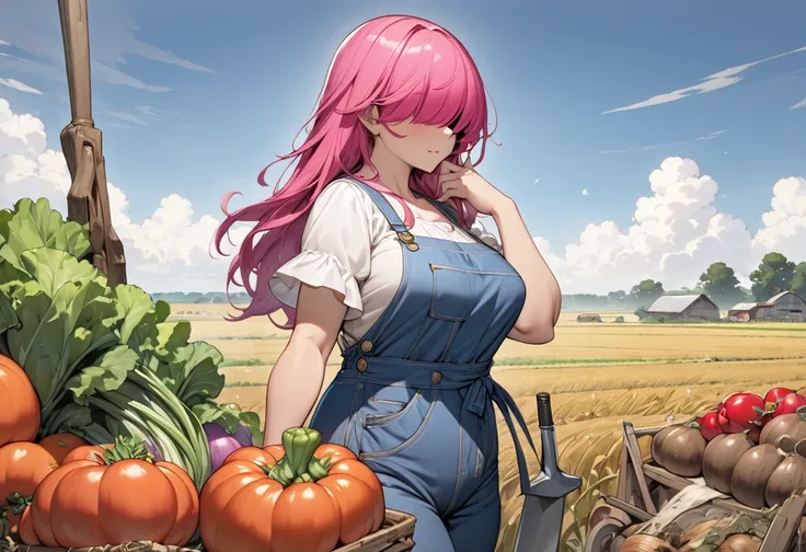 (beautiful and delicate) (Spectacular views illustration), (in a simple Tunics, outerwear is denim overalls), (Agriculture style), (both hands holdingbreak a Farm tools), solo, profile, (beautiful dark:1.4 skin), ((hair over eyes)), vivid pink long hair, u...