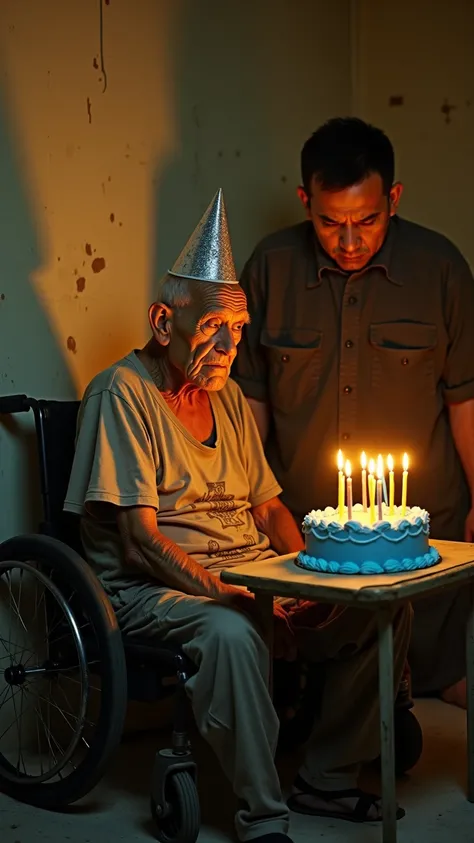 An elderly man, with hunched shoulders and a frail, delicate appearance, sits on a wheelchair , in a dimly lit room, illuminated by the yellowish glow of candles on the table. He is dressed in a torn t-shirt and pants, reflecting neglect and the hardships ...