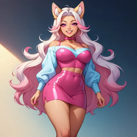 A stunning (((full body (((wolf with anthropomorphic features))), with long, flowing white hair blending into a mix of blue and pink highlights, dressed in a sleek, ((white shirt)), a tight (((white and pink skirt) with a flowy, ((fantastical collar)) that...