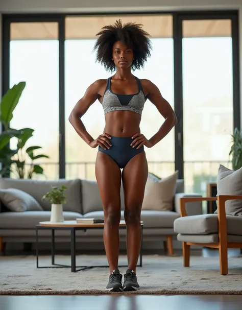 An 18-year-old Afro-descendant woman in a patterned sports bra and lingerie panty, standing in the middle of a stylish living room, striking a power pose. The full-body shot is taken from below, looking up to highlight her confident stance and strong postu...