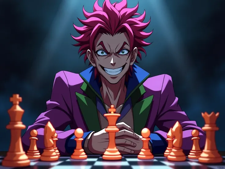 Hisoka,  with his Machiavellian laugh and mischievous expression , sitting in front of a chessboard .  His colorful and flamboyant outfit contrasts with the dark and gloomy atmosphere that surrounds him .  His eyes shine with fun as he contemplates his nex...