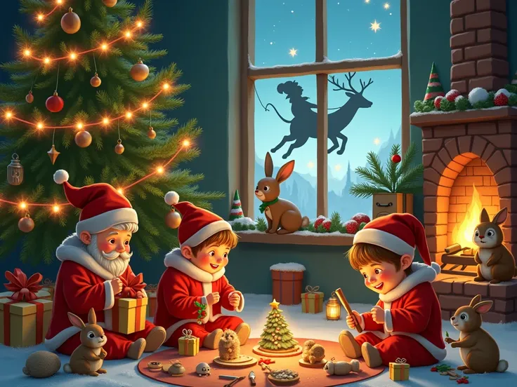  Digital illustration with a warm style , detailed and magical :  showing several scenes inspired by Christmas stories ,  combined in the same visual composition . in the foreground,  a Christmas tree decorated with shiny , red ribbons and soft lights ,  u...