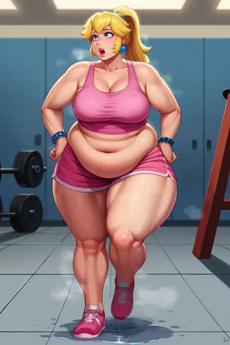 score_9, score_8_up, score_7_up, BREAK, 1girl, solo, princess peach, 1girl, solo, , blonde hair, ponytail, jewelry, bracelet, makeup, casual, cowboy shot, blue eyes, looking at the viewer, large breasts, hands on hips, pink tanktop, sweaty, pink shorts, sw...