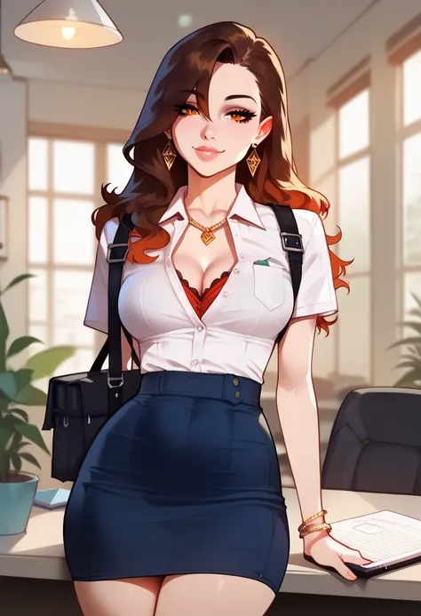 1 girl, alone, brown hair,  orange eyes , thick lips, long hair, collared shirt, short sleeves, frills on shirt, Holding a closed laptop , buckle, hourglass figure, Willow Yao, indoors, faint smile, permanent, split, pencil skirt, Detailed face and eyes, R...