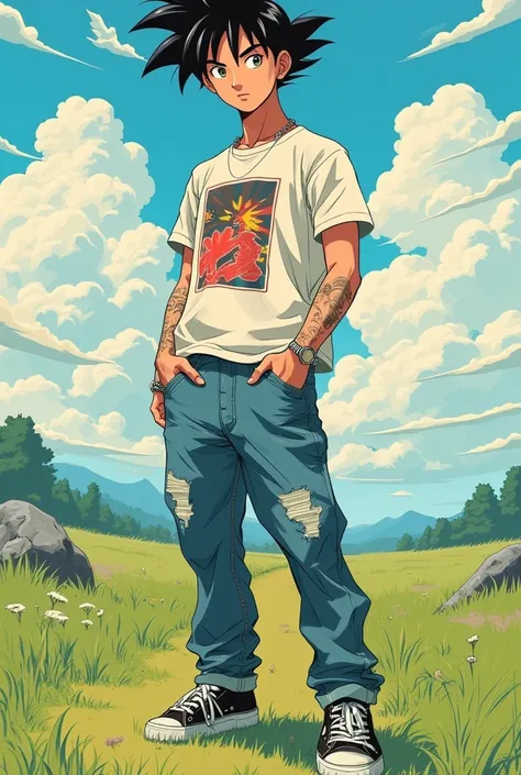 Goku using printed baggy t-shirt, jeans and sneakers, 90s anime style, image with grain, background with green grass and very blue sky with clouds in a yellowish tone