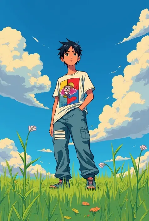 Naruto wearing a baggy printed t-shirt, jeans and sneakers, 90s anime style, image with grain, background with green grass and very blue sky with clouds in a yellowish tone