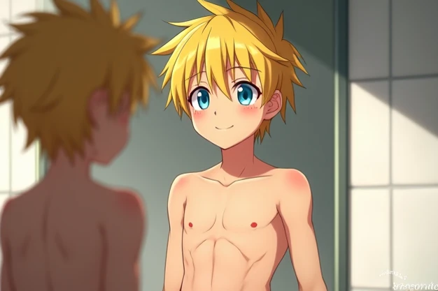 A smiling anime-style boy with short yellow hair, blushing blue eyes, shirtless, wearing only a towel wrapped around his waist, standing in front of a mirror after taking a shower, (best quality,4k,8k,highres,masterpiece:1.2),ultra-detailed,(realistic,phot...