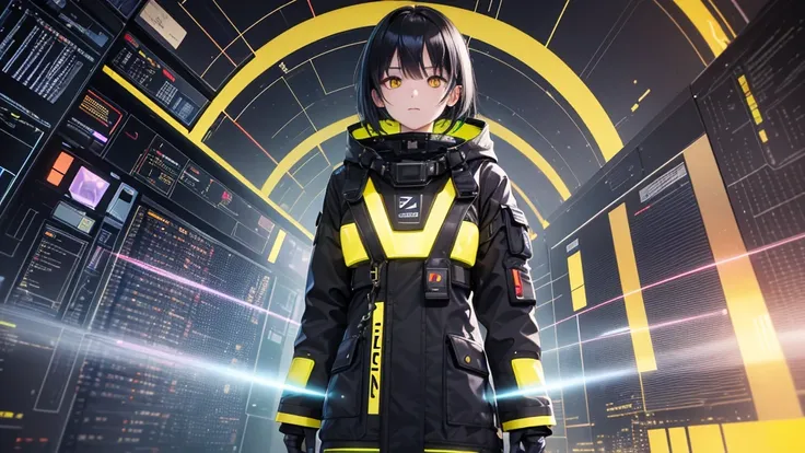 from future intelligence, technology background, complex mystery, unexpected variables, sudden result, strange things, transient waves, light fog, colorful signals, confident look, space black pioneer dress, yellow eyes, black hair