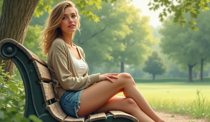 A beautiful 20-year-old English woman sitting on a park bench, painted in a watercolor style. The composition captures her in a calm and relaxed posture, with soft expressions of serenity on her face as she enjoys the peaceful outdoor setting. The park sur...