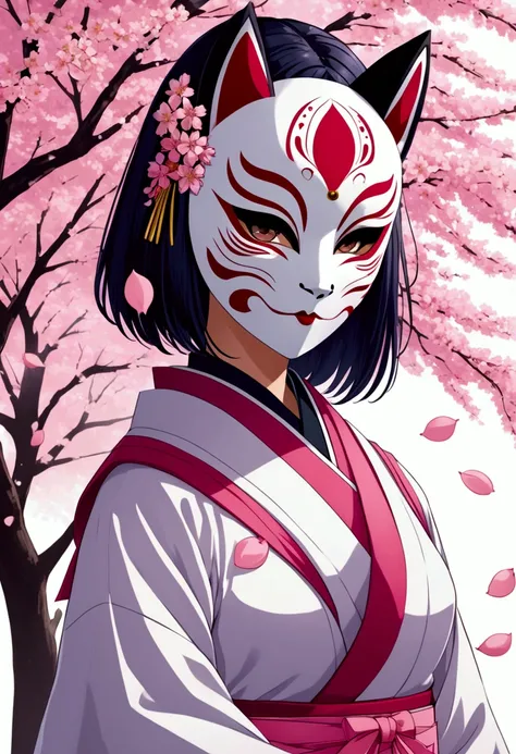  A girl wearing a yakujo mask ,  a mask from Japan ,  the mask will have fox dark circles ,  the mask must be a fox ,  on the mask may be drawn a Sakura leaf (Pink tree from Japan ), The image must have the girls whole body, The mask must be made of plasti...