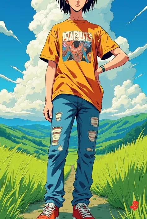 Uzumaki Naruto wearing a baggy printed t-shirt, jeans and sneakers, 90s anime style, image with grain, background with green grass and very blue sky with clouds in a yellowish tone