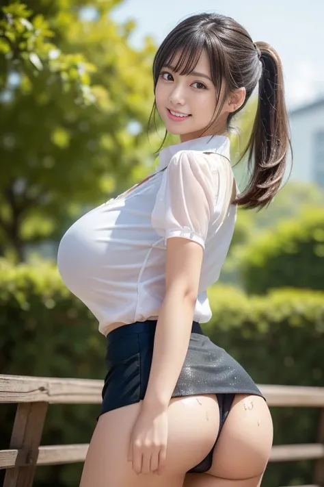 ( top quality,  Masterpiece  :1.3, super high resolution),( very detailed, caustics ,8k),( realistic :1.4,RAW shooting), 1 girl,( looking at a camera and smiling ),( see here)、cute, Japanese , black short ponytail,(Tight-fitting uniform blouse),(( miniskir...