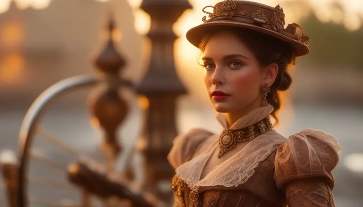 A close-up shot of a ravishing woman, donning a stunning steampunk ensemble with intricate brass accents and delicate lace details, perches elegantly on the handlebars of an elaborately crafted, Victorian-inspired bicycle. The warm golden light of a settin...