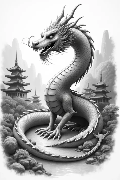  create a realistic black and white drawing for me.. a dragon in an oriental environment 
