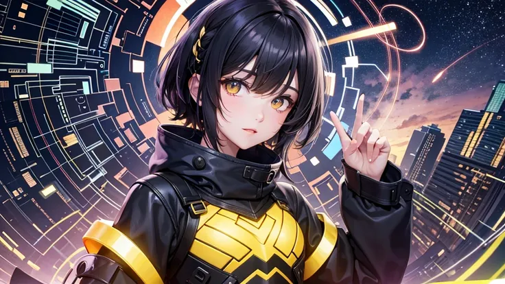 from future intelligence, technology background, complex mystery, unexpected variables, sudden result, strange things, transient waves, light fog, colorful signals, confident look, space black pioneer dress, yellow eyes, black hair