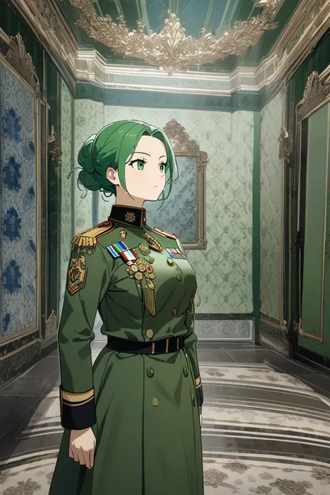 A woman with long green hair ,  wearing a military-style uniform .  The uniform is green with gold details and includes several medals and badges ,  suggesting a high rank or service decorations .  She also wears a blue band that crosses her body from righ...