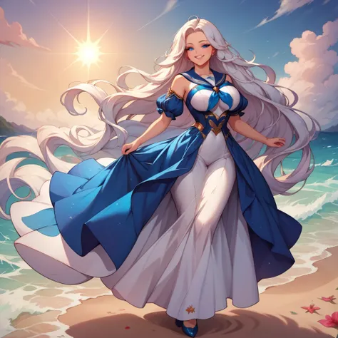 A (((high resolution masterpiece))) in an ((anthropomorphic fantasy anime style)) featuring a (((beautiful orca with a delicate, almost translucent complexion))) and (((vivid, very long, flowing white hair))), dressed in a ((white and blue sailor outfit wi...