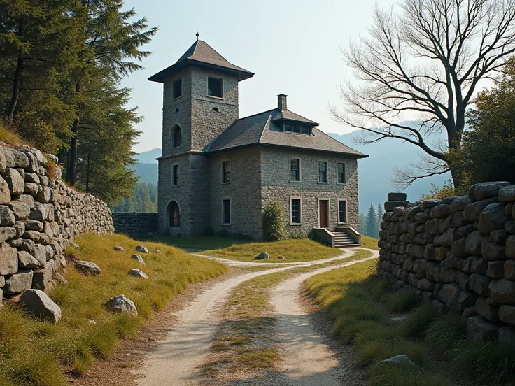 closed up stone building surrounding on the left of the shot, double story stone with a watch tower in the middle of the shot, dirt path around the second building