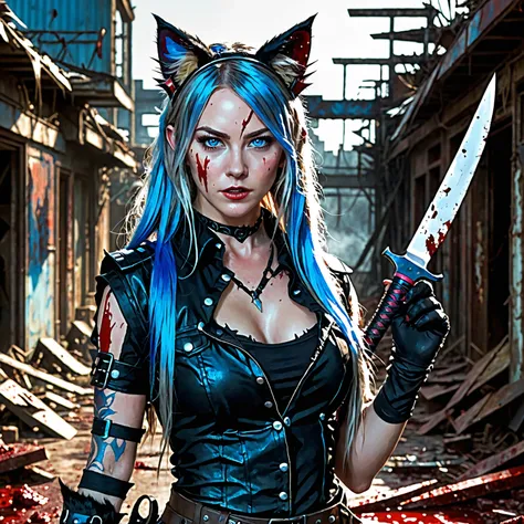 1woman with cat ears, blue eyes, long hair, holding bloody knife, dangerous, intricate background, post-apocalyptic 