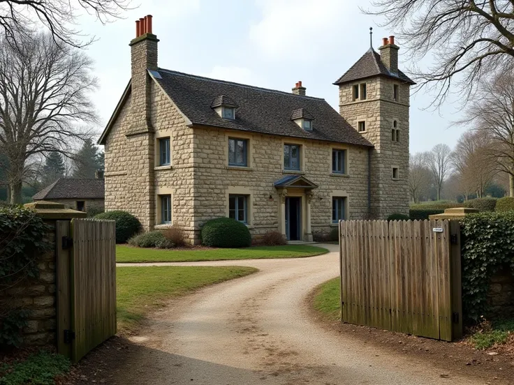 closed up stone building with a wide wooden gate surrounding on the left of the shot, near this is a seperate double story stone with a watch tower protruding in the middle of the shot, dirt path around the second building