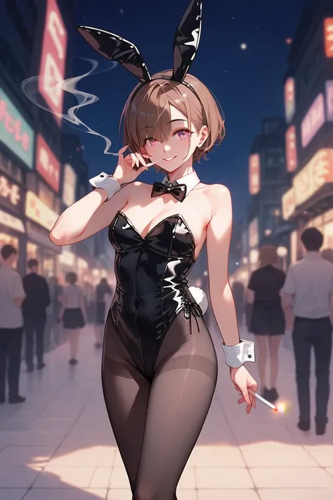 masterpiece, best quality, ultra detailed, a girl, smiling, looking at viewer, short hair, hair covering eyes, brown hair, pink eyes, playboy bunny,rabbit ears, black rabbit ears, fake rabbit ears,black leotard,pantyhose, black pantyhose,bowtie, wrist cuff...