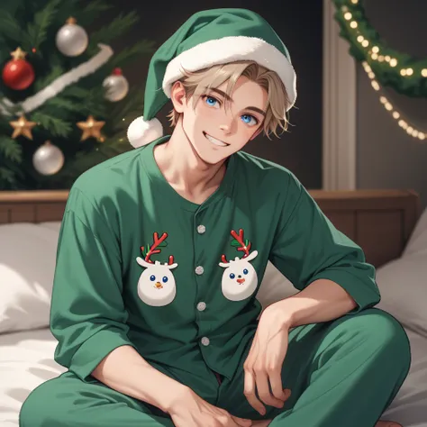 Boy with green Christmas hat light brown hair and blue eyes green shirt with white Christmas looks at you with a smile and pants in green pajamas
