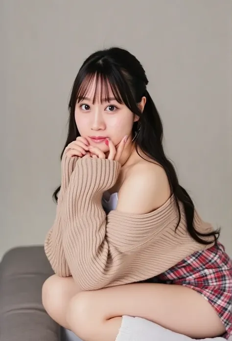 (((8k、 high definition 、 top quality、 high definition )))Alone、natural body shape、 white skin、Natural Cosmetics 、 black hair 、bangs、 long straight hair、、((High School Uniform)) 、(( Beige Cardigan 、 Adult young man composition  ))、(( red plaid pleated skirt...