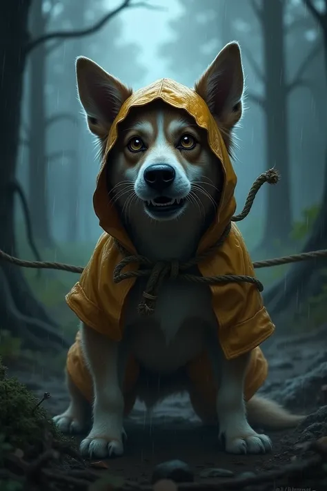 Dog tied up with raincoat afraid of rain and storm at night in the forest 