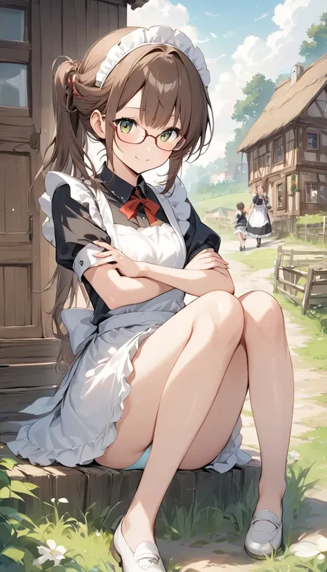  girl、White Toso 、Guided hair 、Beautiful Hair、 he stares at me with a strange expression.cute、outside、 shy front 、village、Wooden House、 girl、 has a nice smile、(Panties visible )、Work in the fields、((Hairstyle half up))、Bangs up、sit、 Innocent Smiles 、Brown ...