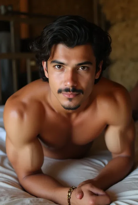 (((18 year old malay boy,  face refer to Malaysian actor Nabil Aqil, suckled endomorph body , male, adult, manly))), very muscular body, Eyes and eyelashes are very detailed, Handsome, ((Low chin goatee:1.4)), middle-short wavy hair, ((( Realistic human sk...