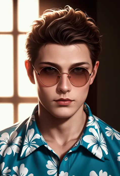 a man with short dark spiky hair, round sunglasses slightly sliding down the bridge of his nose, wearing a hawaiian shirt, mole on his face, detailed facial features, hyperrealistic, 8k, masterpiece, photorealistic, high quality, realistic lighting, intric...