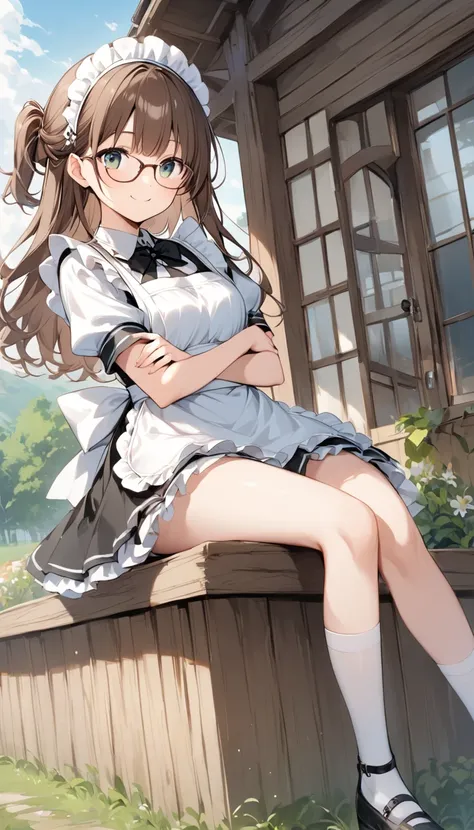  girl、White Toso 、Guided hair 、Beautiful Hair、 he stares at me with a strange expression.cute、outside、 shy front 、village、Wooden House、 girl、 has a nice smile、(Panties visible )、Work in the fields、((Hairstyle half up))、Bangs up、sit、 Innocent Smiles 、Brown ...