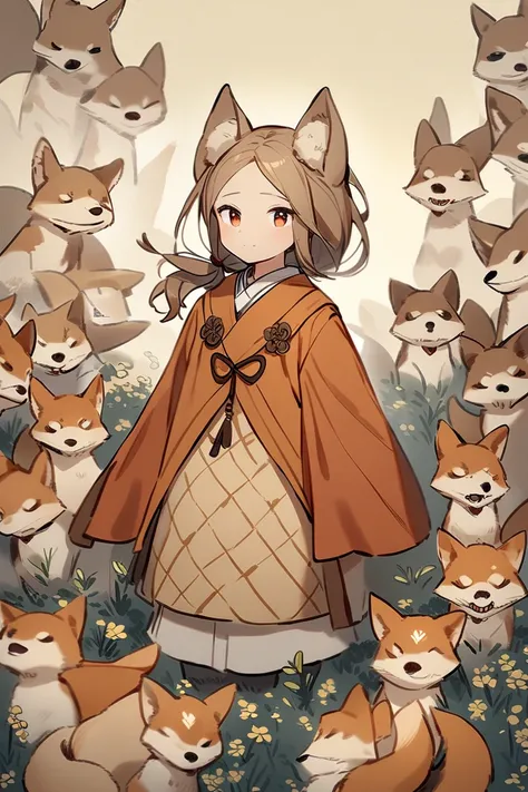 A girl with nine fox tails stands in the center next to a few little foxes