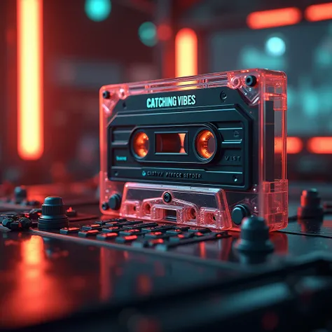 A Cassette tape of the álbum Catching Vibes, with a futuristic atmosphere but with vintage touches and a cinematic atmosphere