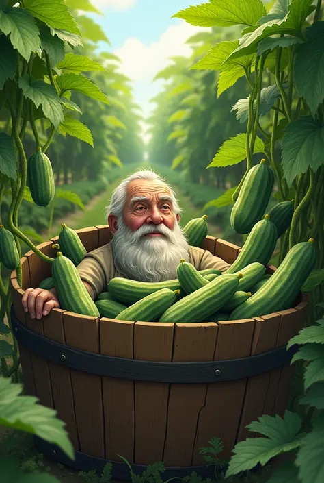 An old man in a bucket of cucumbers
