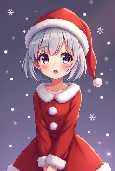  girl,  short hair, pale skin, dress with Christmas clothes,purple background , cartoon 