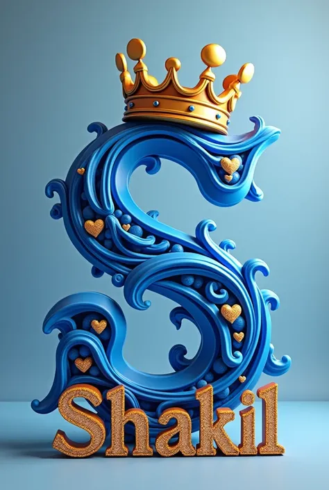 A visually captivating 3D render of the letter "S" that exudes elegance and charm. The central letter is adorned with intricate blue swirls, hearts, and a regal golden crown filled with hidden blue hearts. The design is further enhanced by a soft, muted bl...