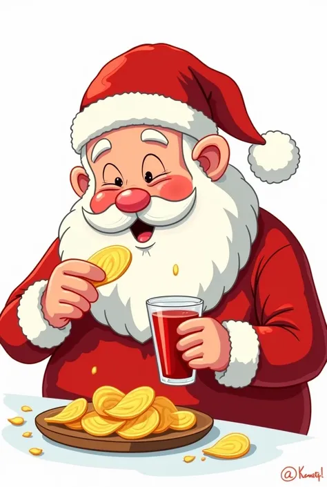 Cartoon illustration of Santa Claus eating  potato chips with a glass of sorrel juice in in hand. White background 