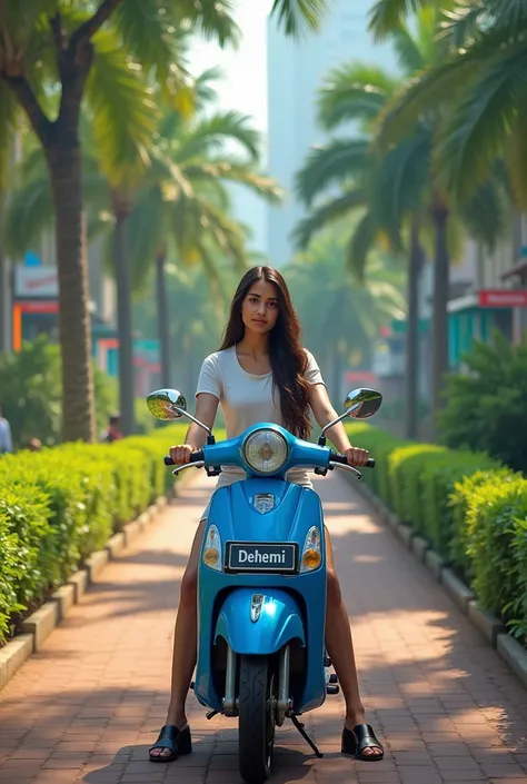 sri lanka city park background, and 20 years old girl wearing Casual t-shirt,long beautiful hair,sitting on blue  Color motorcycle  of front, with name "dehemi" write on number plate, 3d art painting realistic photo
