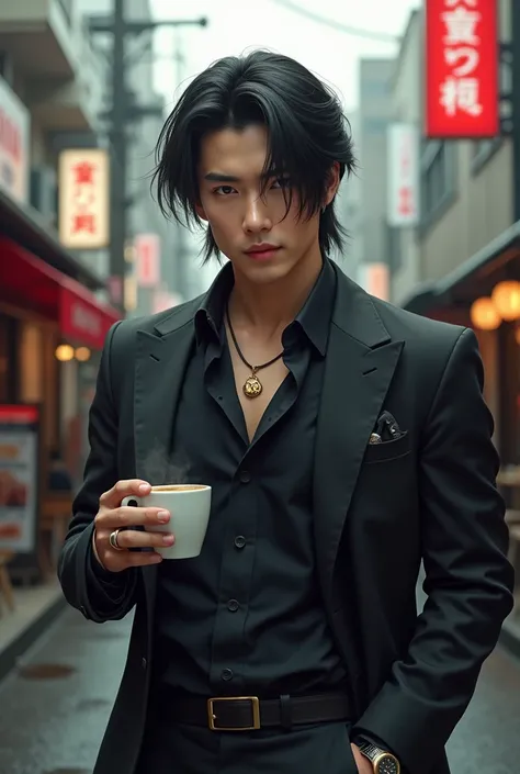 a handsome 27 year old Mafia man with long asymmetrical hairstyle from Japan standing in the middle of a Japanese street with a necklace that says ((Aip))) and a luxury watch ring, on top of it while holding a cup of hot coffee