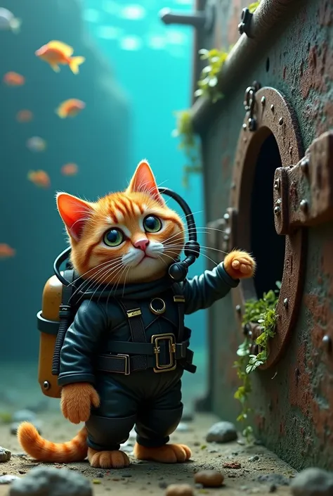 Generate a high quality 3D image : An orange cat wear black scuba diving costume and  oxygen mask and opening door and open to a treasure chest  inside to junk ship in underwater sea