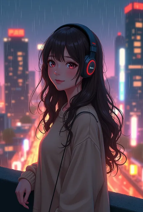 A stylish and cute woman with long wavy brown hair, wearing oversized headphones and a beige sweater, standing on a rooftop at night, overlooking a cityscape filled with neon lights, soft rain falling, warm and tranquil atmosphere, anime-inspired style, ci...