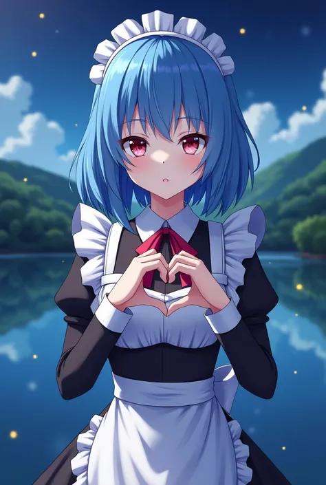 Rem de re zero forming a heart with his hands with a background 