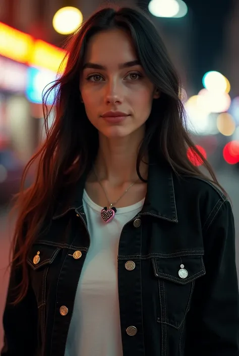 35mm film photography, A young british woman with long dark hair wearing a jet black denim jacket and white t-shirt, with a small rose quartz heart shaped gemstone pendant, and small black horns, standing in a brightly lit urban environment with blurred ci...