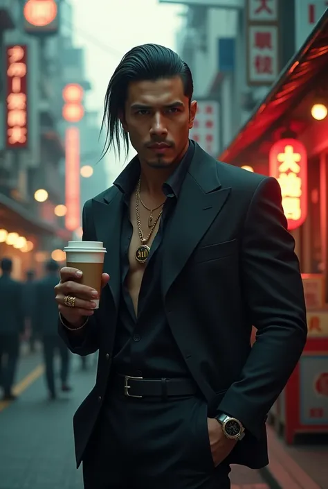 a handsome 27 year old Mafia man with long asymmetrical hairstyle from Indonesia standing in the middle of a Japanese street with a necklace that says ((Aip))) and a luxury watch ring, on top of it while holding a cup of hot coffee