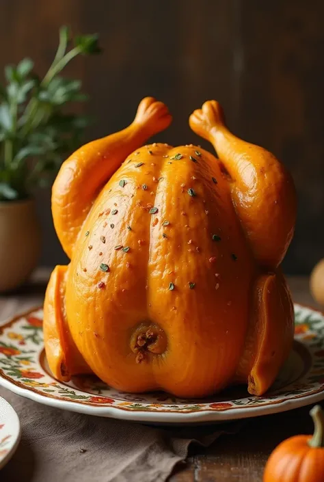  Create an image of a pumpkin shaped and sculpted in the shape of a roasted chicken . Pumpkin should have a realistic texture ,  with details that mimic the golden and juicy appearance of a chicken fresh out of the oven. include a simple background,  like ...