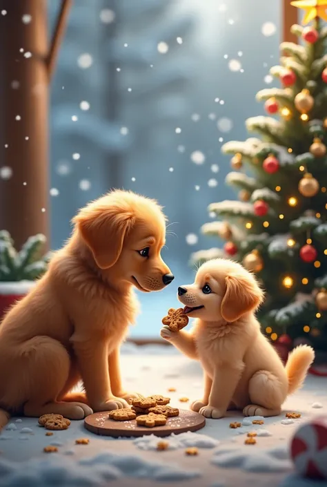 mother puppy and puppy Golden Retriever are eating cookies, it is snowing outside, there is a Christmas tree next to them