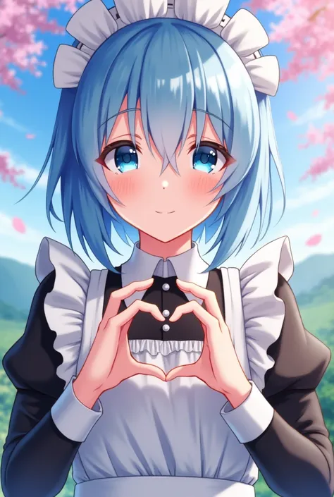 Rem from re zero from the anime forming a heart with his hands against a background 