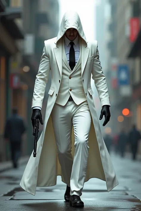 Create an assassin for me 
Make him masculine 
With a white suit